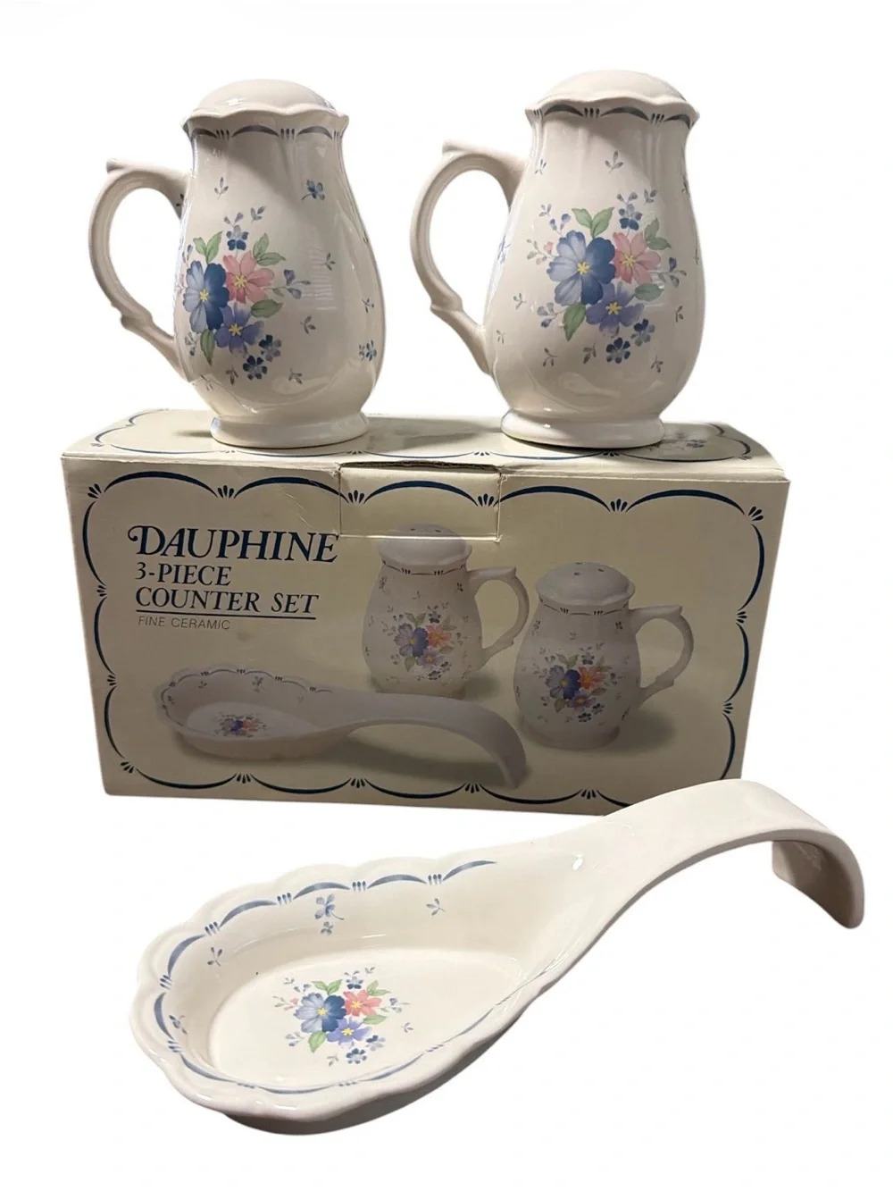 Vintage 3 piece ceramic counter set, by Baker, Hart & Stuart “Dauphine” pattern